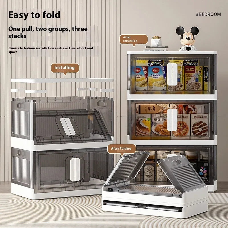 Foldable household storage locker with wheels in white or grey, showing shelf layers and door.