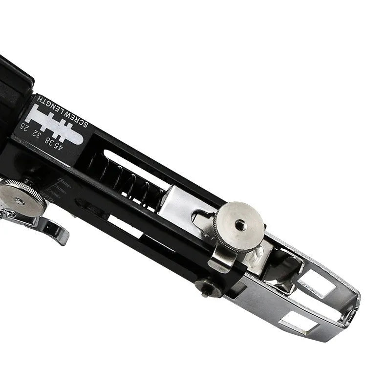 Chain screw gun head kit with metal gun head, chain band D, cross head, and gun rack on workbench
