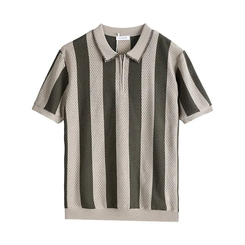 Man wearing a striped short sleeve ice silk sweater with a decorative zipper.