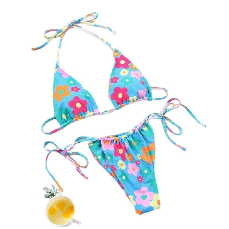 Women's polka dot split swimsuit bikini set with floral and gradient pattern options
