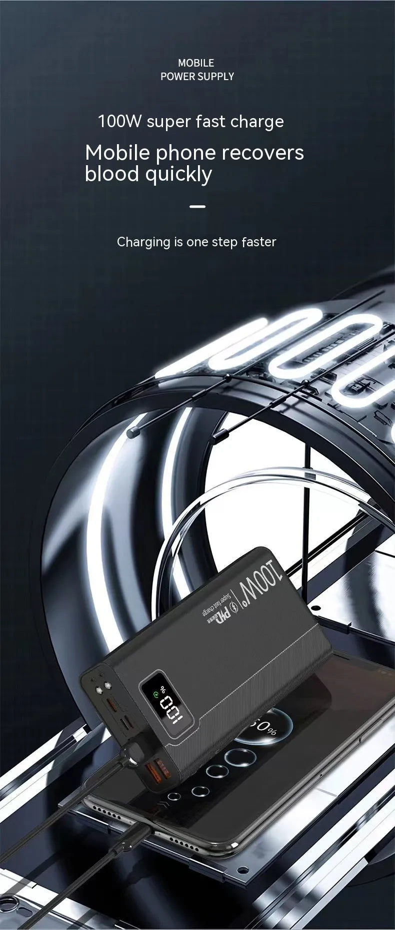 Large capacity power bank in black or white plastic shell with fast charging support