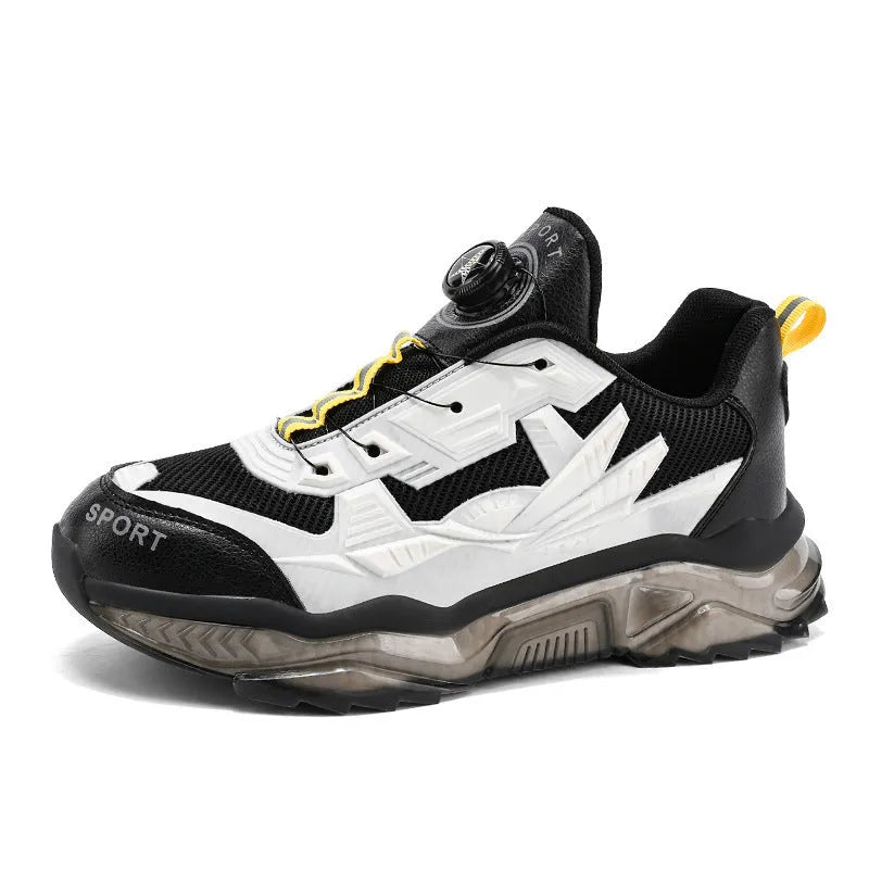 Men's black casual rotating button dad shoes with a low-top platform sole.