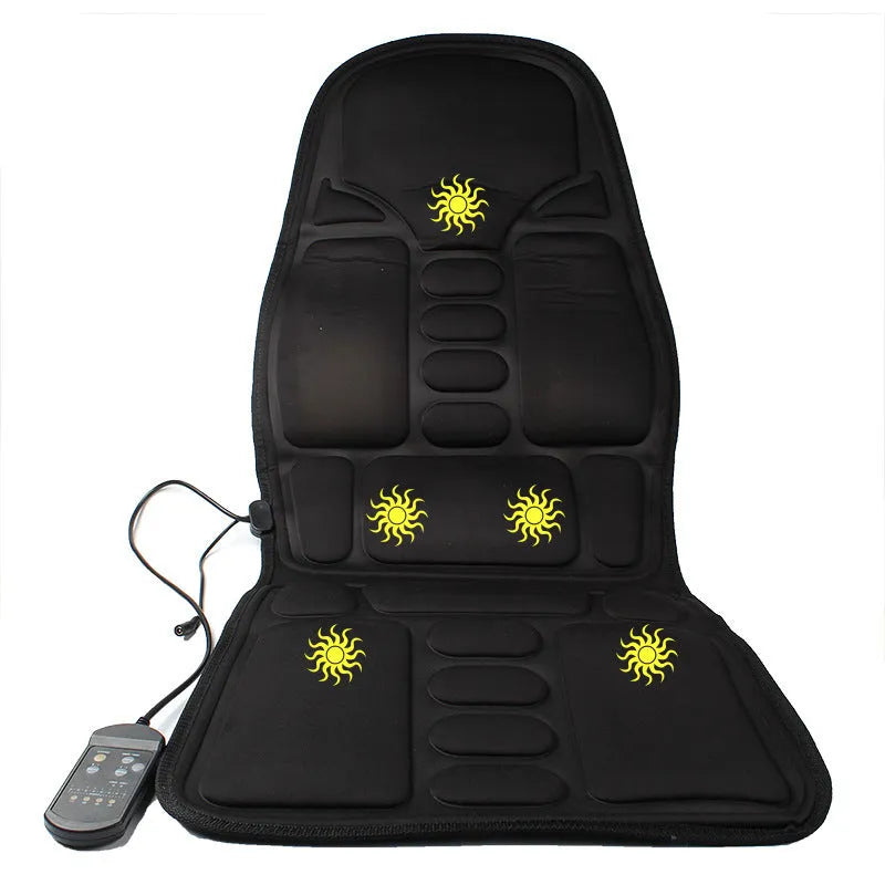 Black infrared heating massage mat with seat cushion on a chair, plugged into an AC outlet.