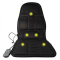 Black infrared heating massage mat with seat cushion on a chair, plugged into an AC outlet.