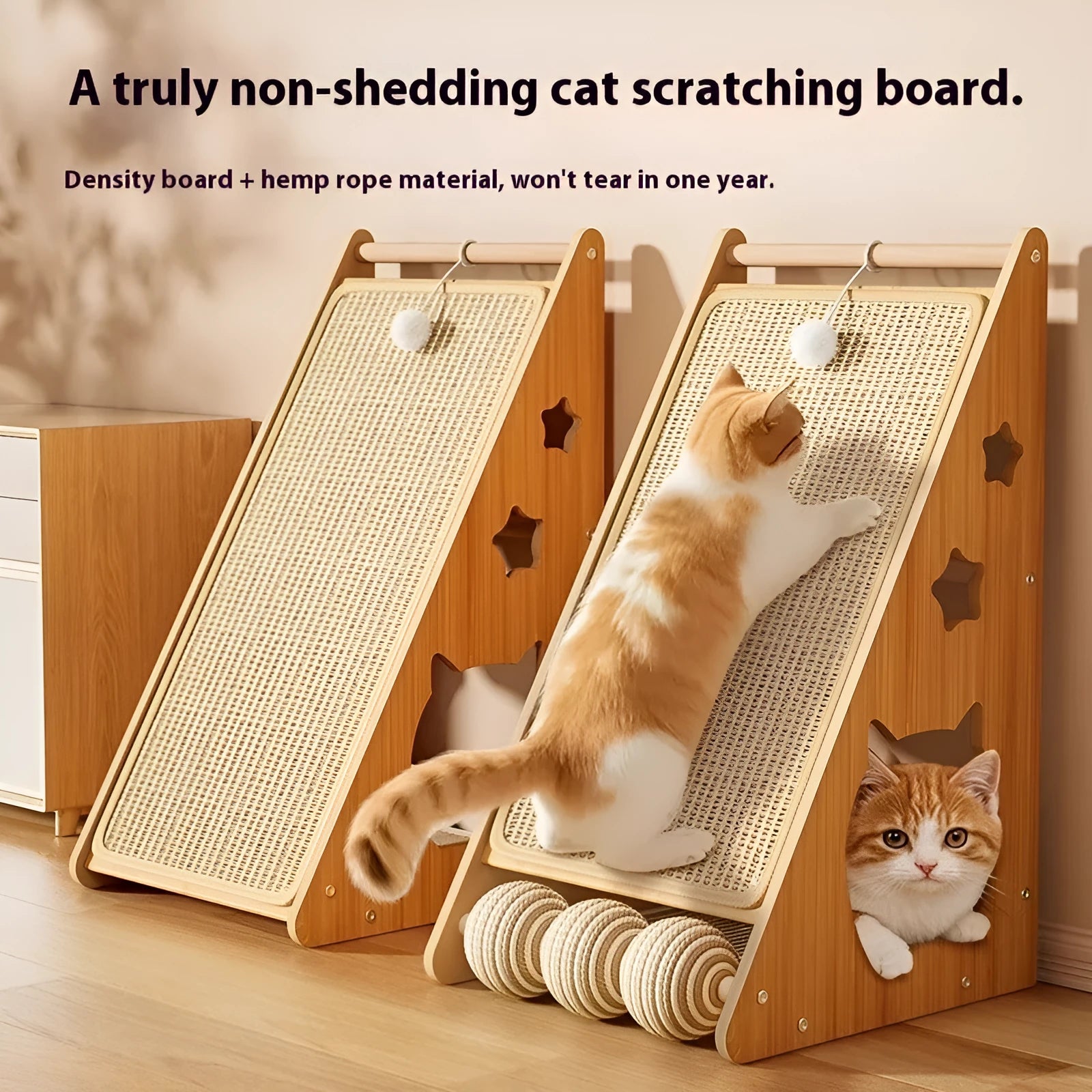 Vertical cat scratch board with hemp rope and teasing ball design, wall-mounted scratching post set