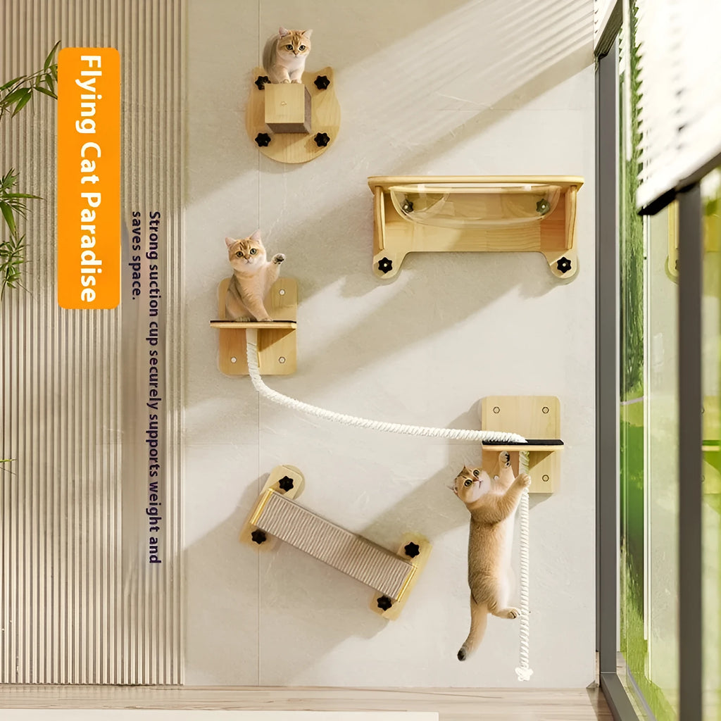 Suspended space capsule cat scratching post with sisal-covered cat head column and hanging ropes