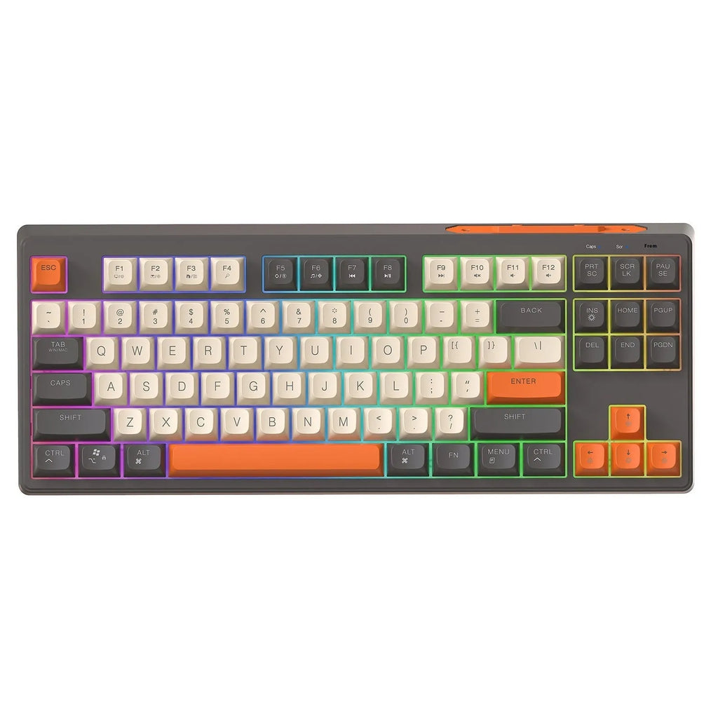 Free Wolf M87 wireless Bluetooth dual-mode keyboard in blueberry colour on a desk