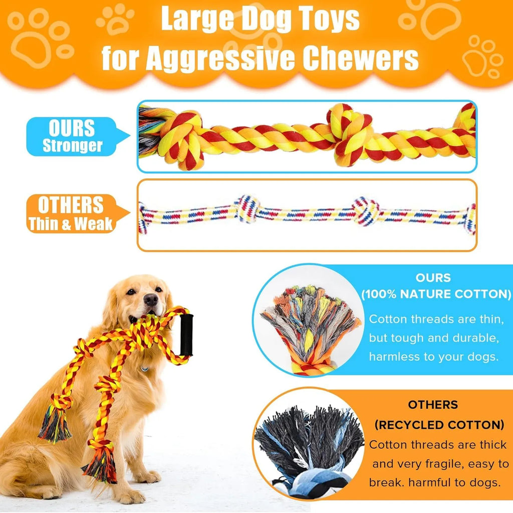 Blue and yellow woven cotton rope dog toy with a handle for large breed tug of war