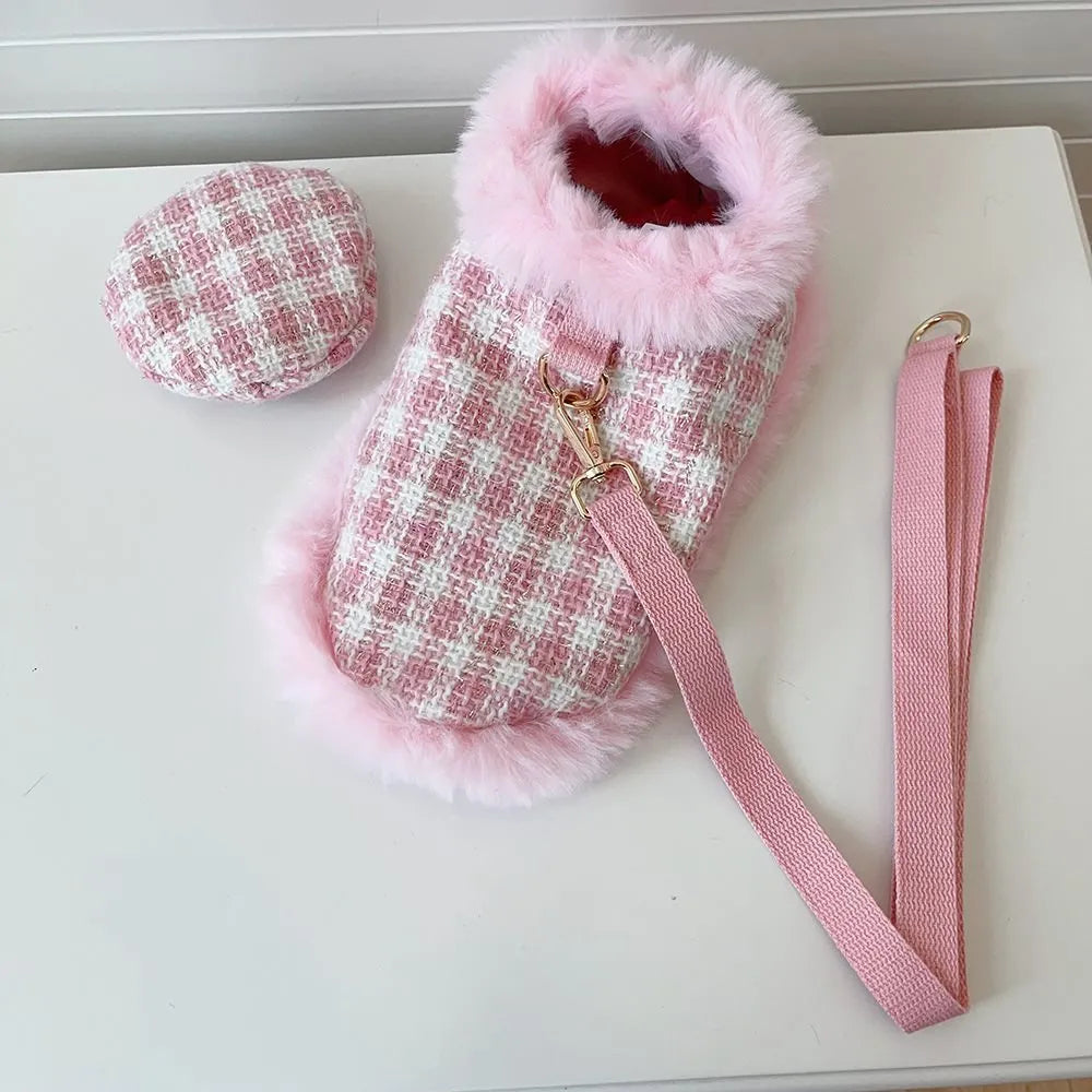 Pink polyester cat costume set with cape, beret, and hand-holding rope leash on feline model