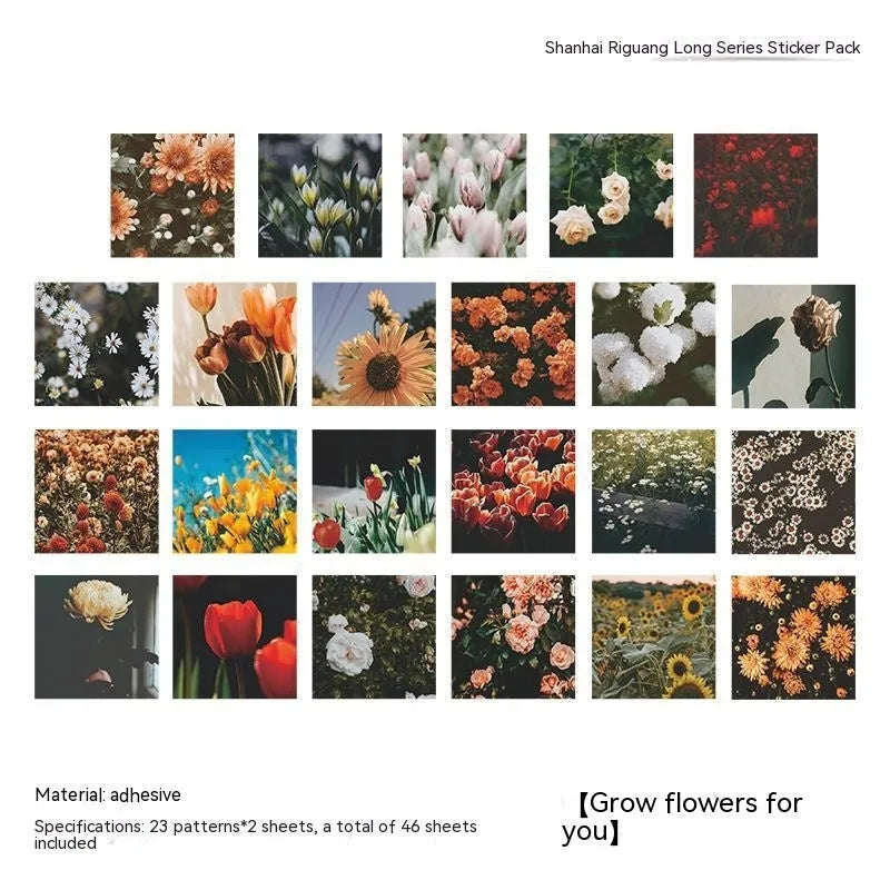 Box of Nordic-themed decorative stickers showing designs like flowers, roses, and sunset scenes, each sticker 44mm square.