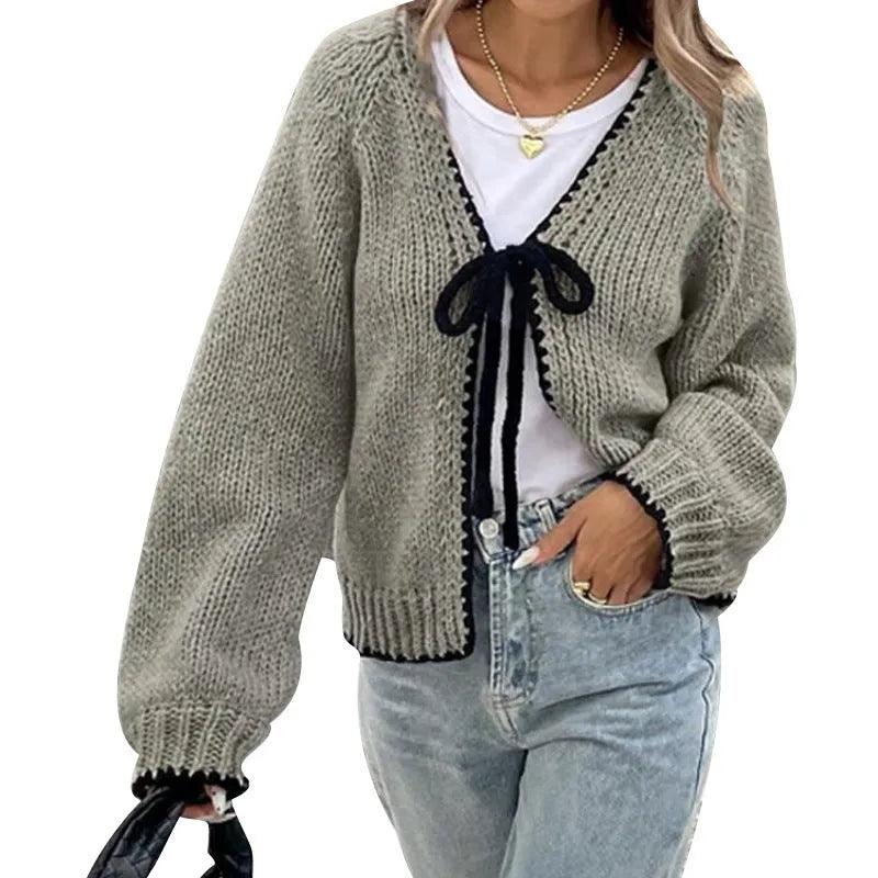 Gray lace-up sweater cardigan with crocheted flower decorations and loose long sleeves