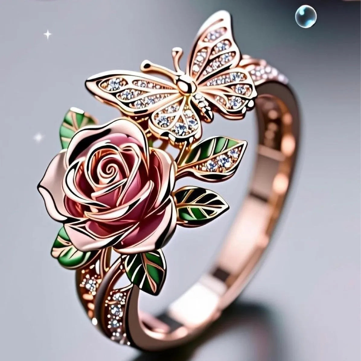 Adjustable alloy butterfly ring with oil-drip colour finish showing floral and insect details