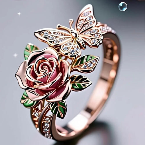 Adjustable alloy butterfly ring with oil-drip colour finish showing floral and insect details