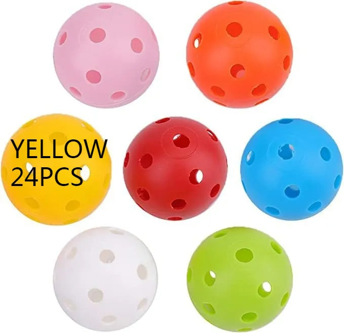 Multi-colour 42mm PE golf practice balls with 26-hole design in net pocket