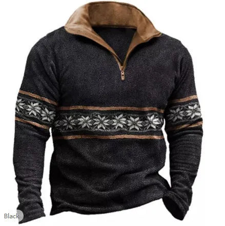 Man wearing a long-sleeved loose-fit striped top with retro colour printing and zipper details.