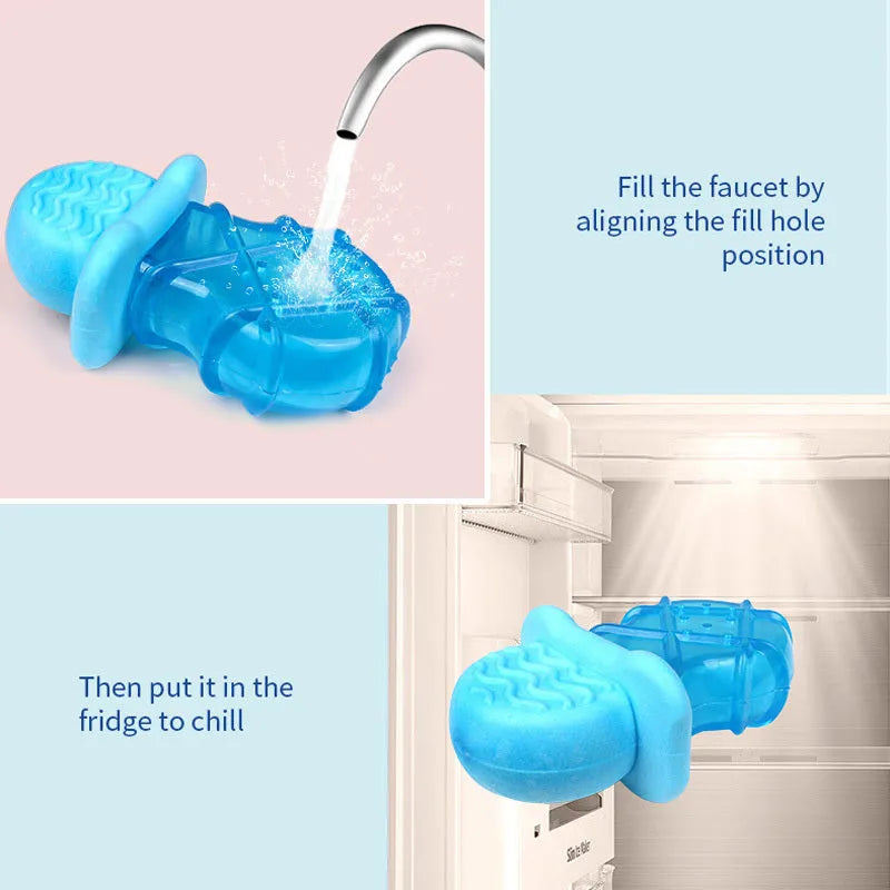 Set of three silicone dog toys: a blue pacifier, a red popsicle, and a green ring for water filling and freezing.