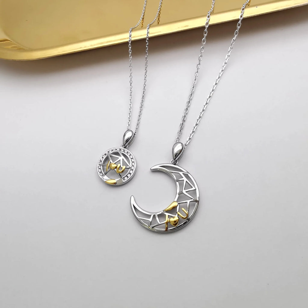 Sun and moon tooth couple necklace with copper pendants on cross chain