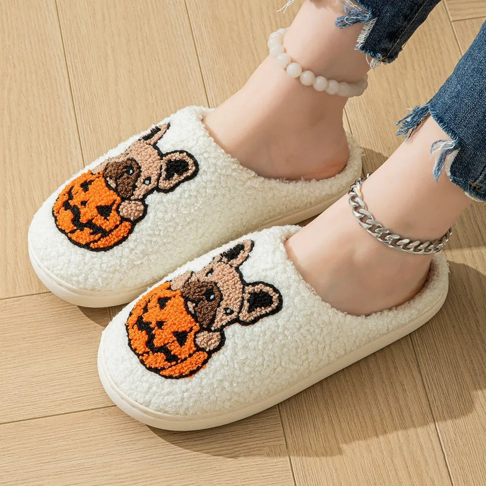 Halloween pumpkin house slippers in black or white with plush velvet cotton upper and non-slip TPR rubber sole