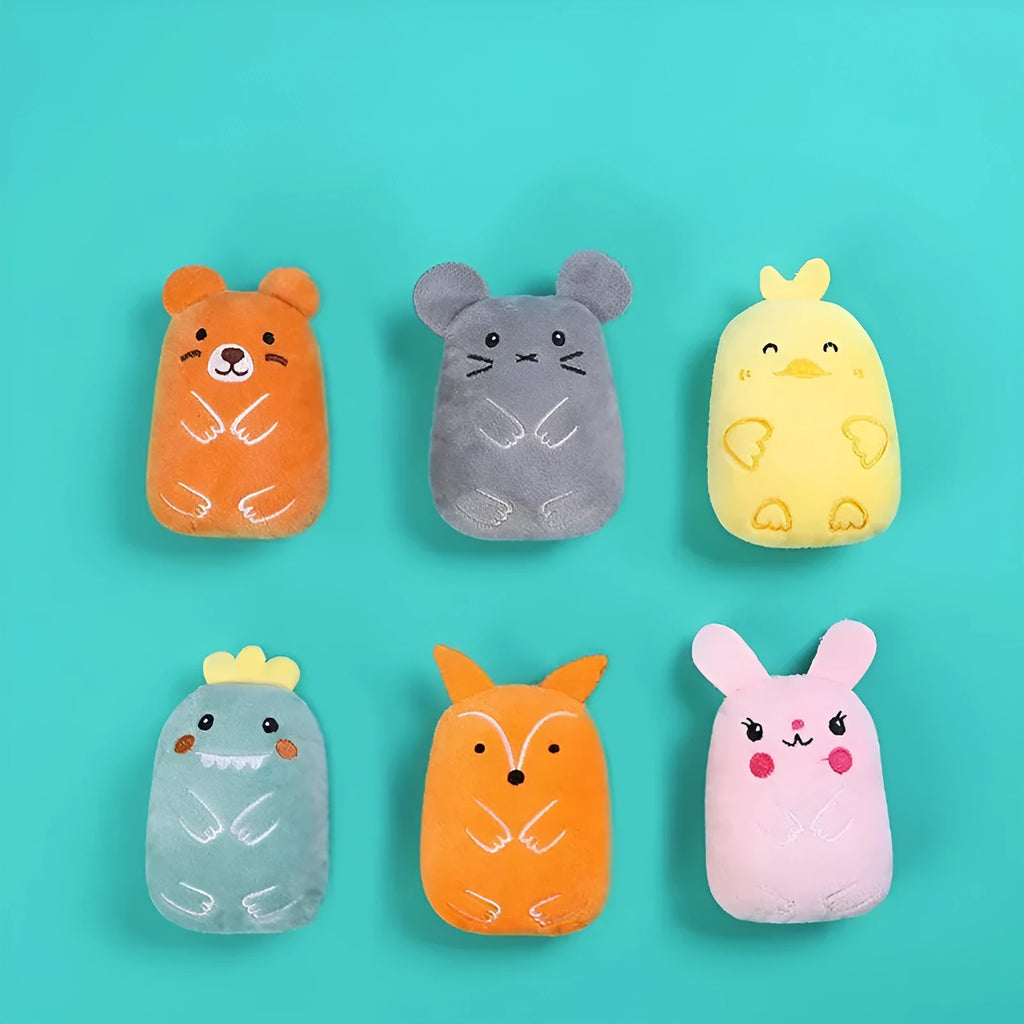 Small colourful plush cat toy with catnip and squeaker for chewing and interactive play