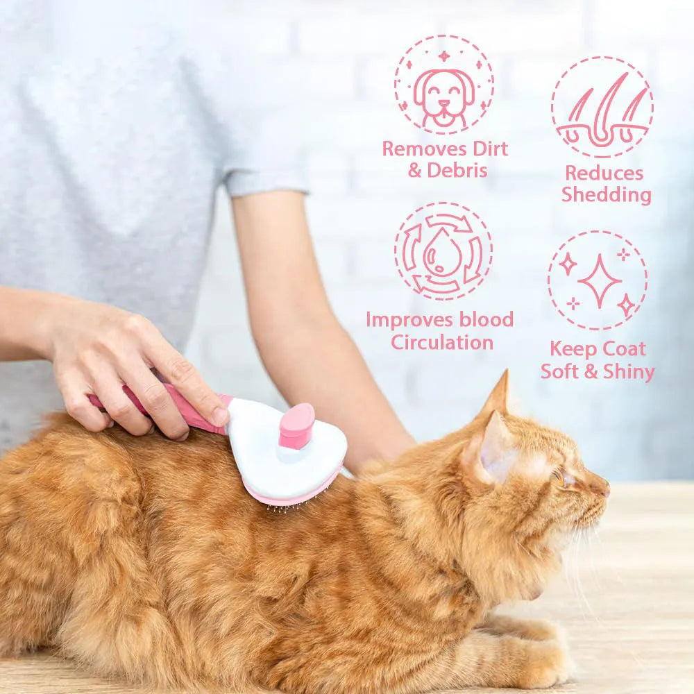 Blue cat grooming brush with a release button and fine wire bristles for pet hair removal.