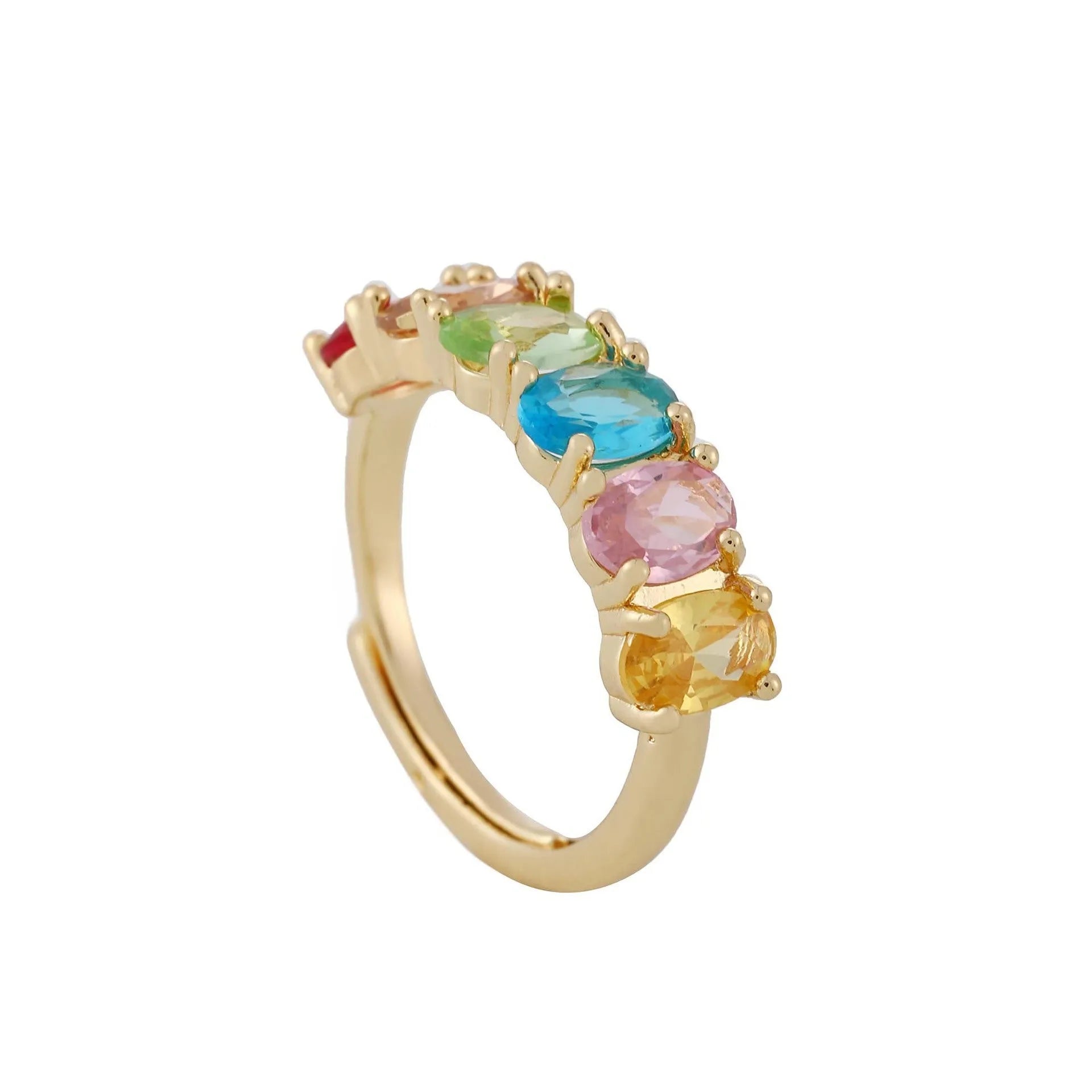 Gold coloured adjustable zircon ring for women on a simple background