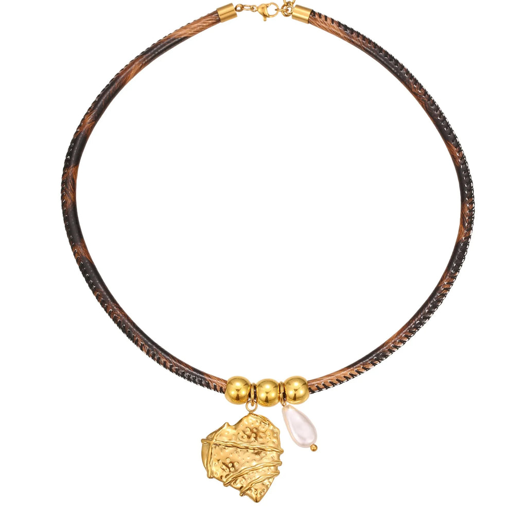 Geometric leopard design stainless steel necklace with 18K gold electroplated finish on adjustable 41-50cm chain