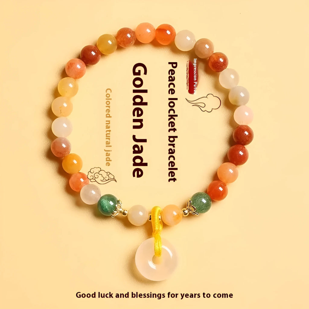 Natural jade bracelet with safety buckle clasp showing 6mm agate and strawberry quartz beads
