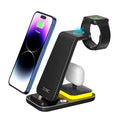 Black vertical wireless charger with phone watch and earbuds charging simultaneously