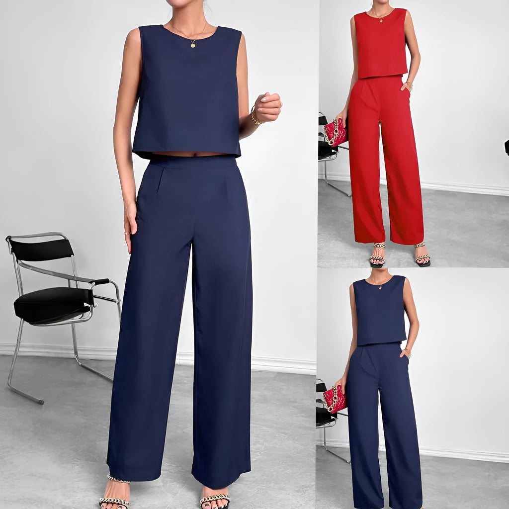 Women's red sleeveless top and wide leg trousers two-piece set on hanger