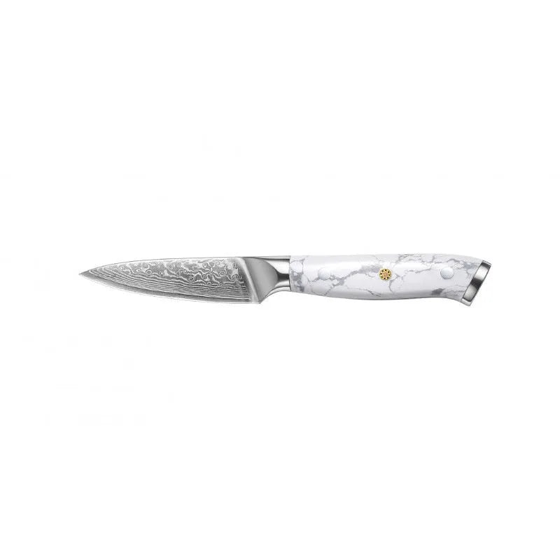 Damascus pattern chef's knife with a 21cm VG10 steel blade on a dark background.