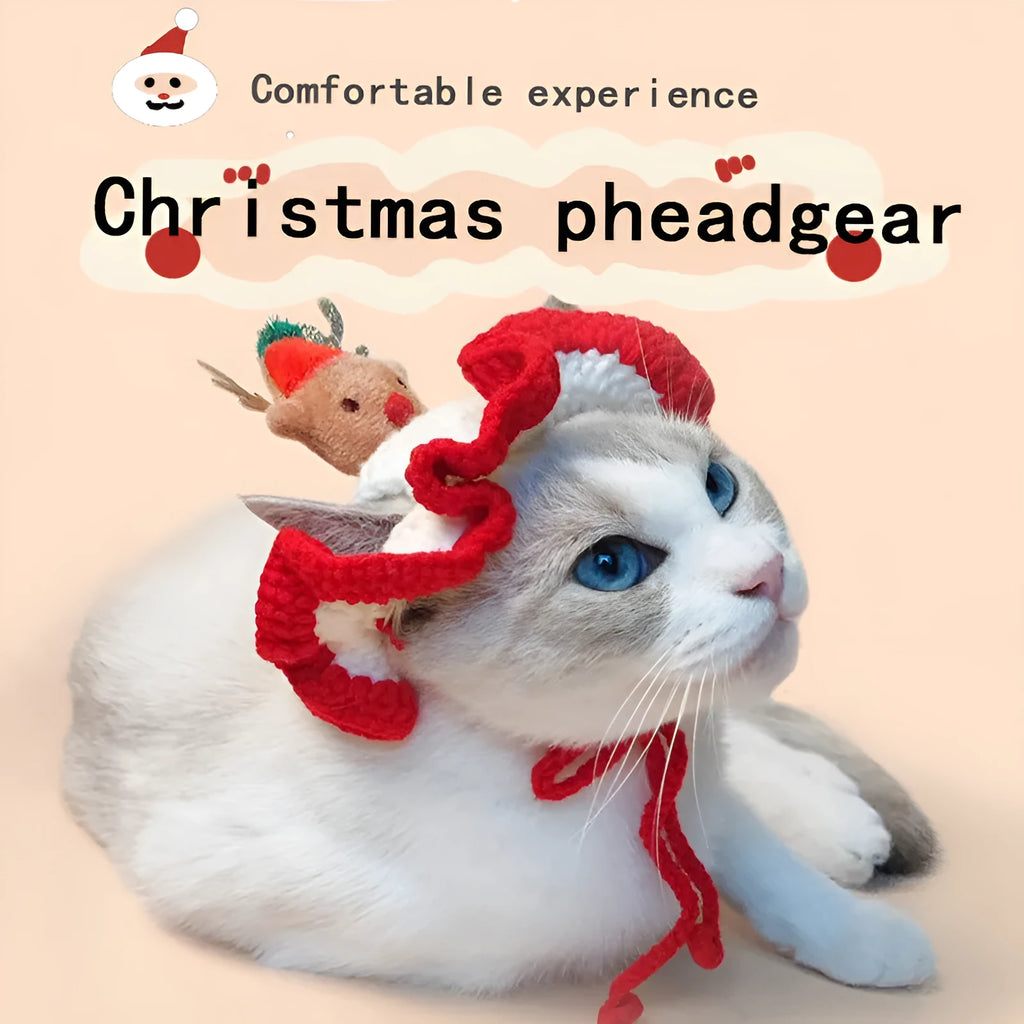 Hand-crocheted Christmas tree pet head cover for cats and small dogs, 18x16cm with 21cm rope