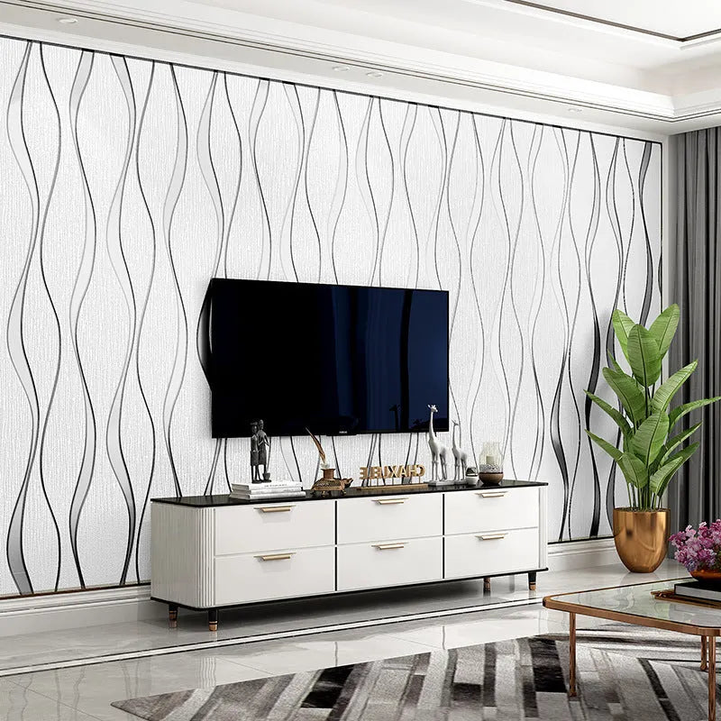 3D curved stripe decorative wallpaper with deerskin velvet texture in light grey and dark brown colours