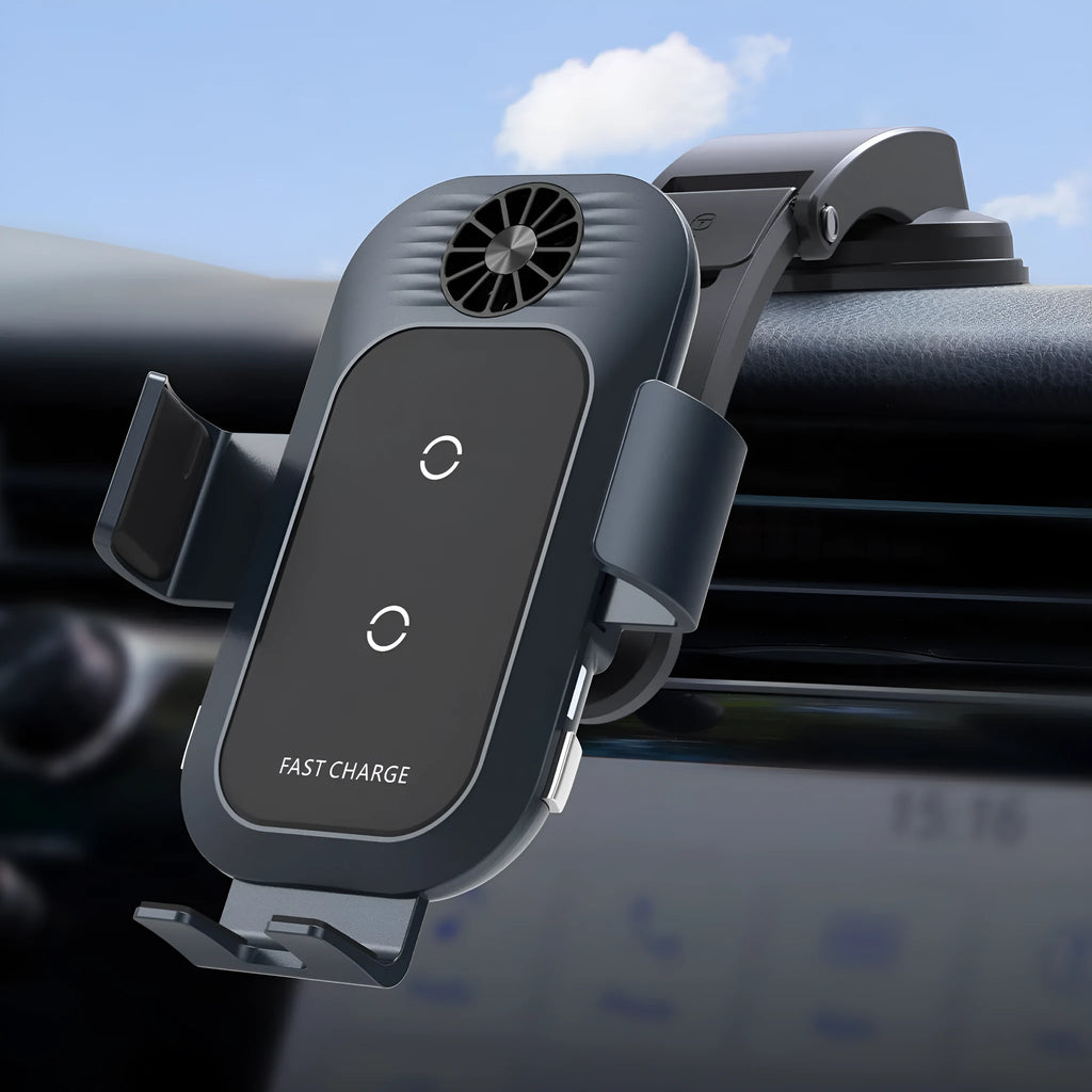 C35 matte black car wireless charger phone holder mounted on air vent with phone charging