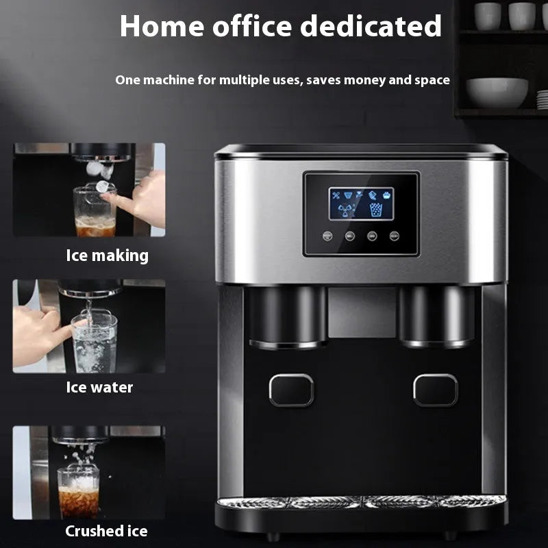 Black desktop ice maker with stainless steel ice box on a kitchen countertop.