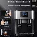 Black desktop ice maker with stainless steel ice box on a kitchen countertop.
