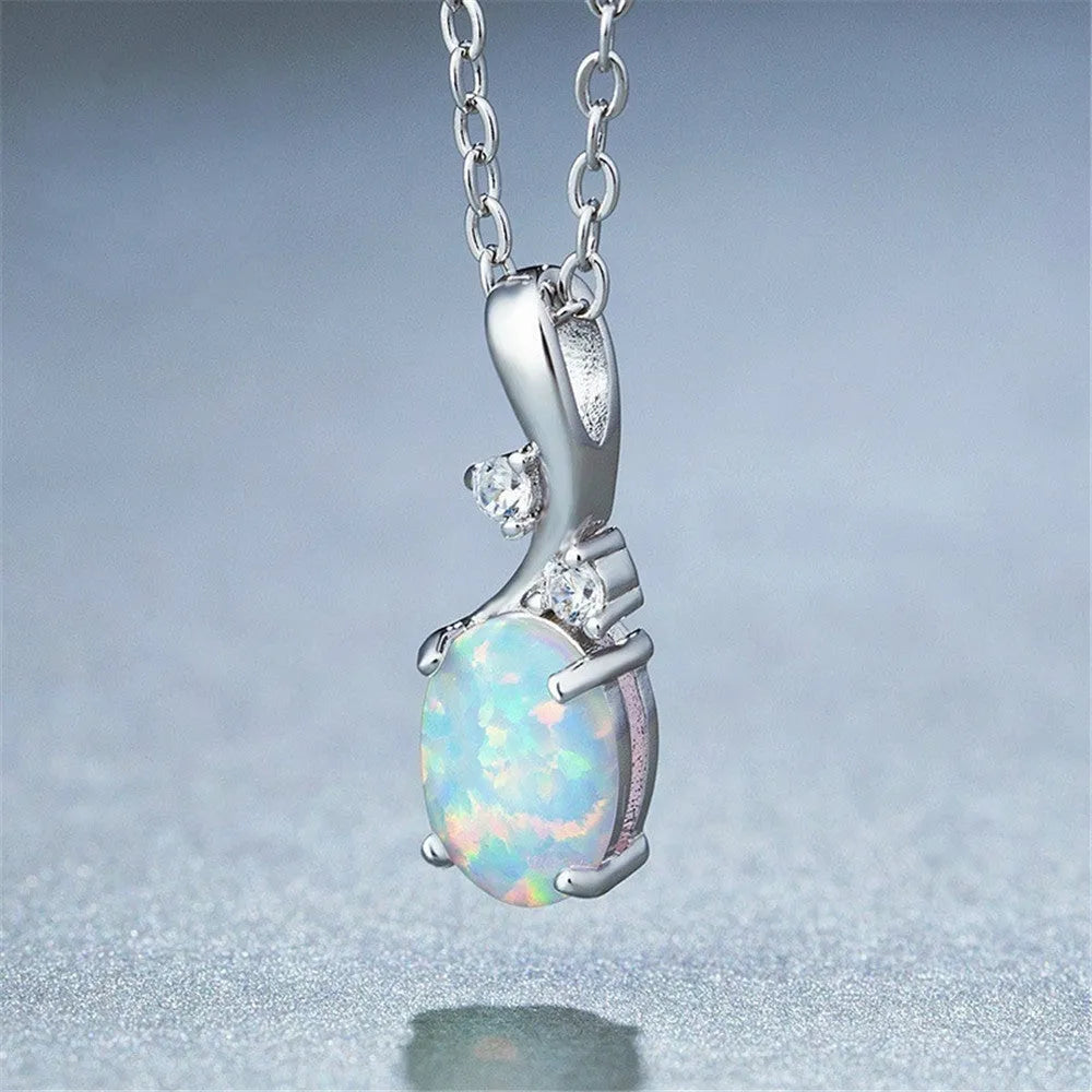 Water drop shaped opal pendant necklace with adjustable alloy chain in white or rose gold finish