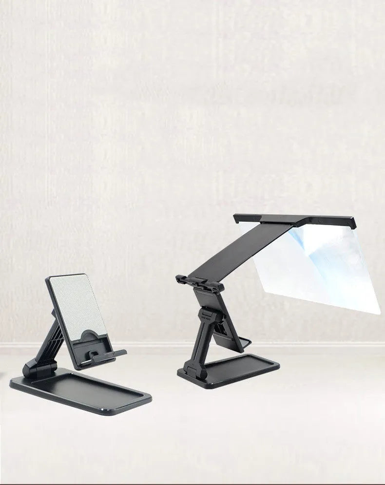 Black 12-inch curved mobile phone screen amplifier with separate folding phone holder on desktop