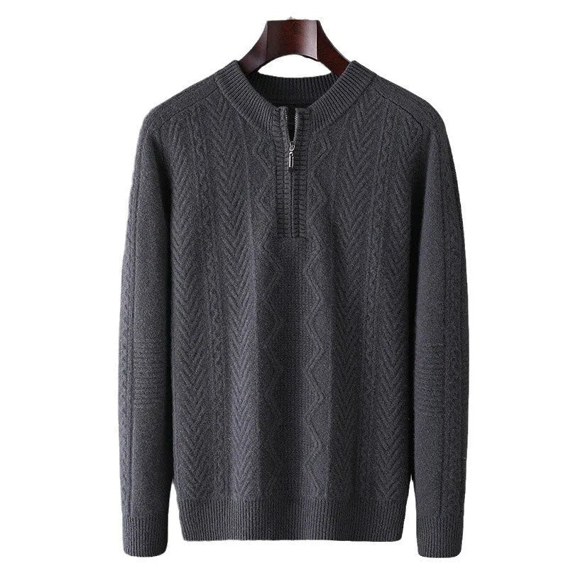 Men's diamond pattern wool half-zip sweater in light camel colour with loose fit