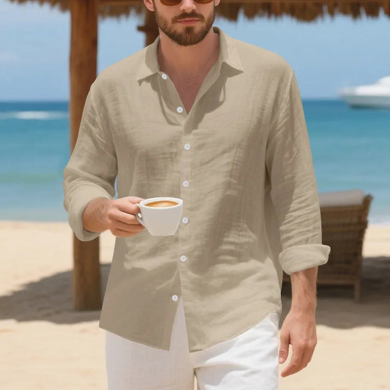 Linen casual shirt in Army Green colour with American-style loose fit and non-ironing construction