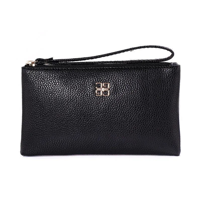 Long wine red PU leather zip wallet handbag worn crossbody, showing card slots and sewing line detail.