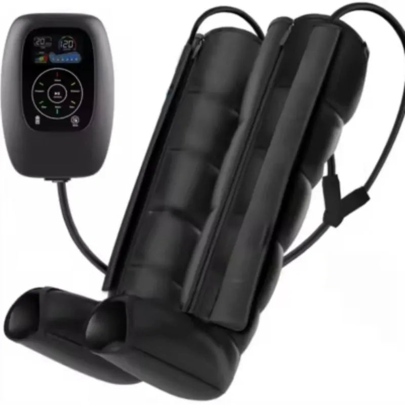 Air compression massager set with leg cuffs, arm unit, waist unit, and handheld remote control.