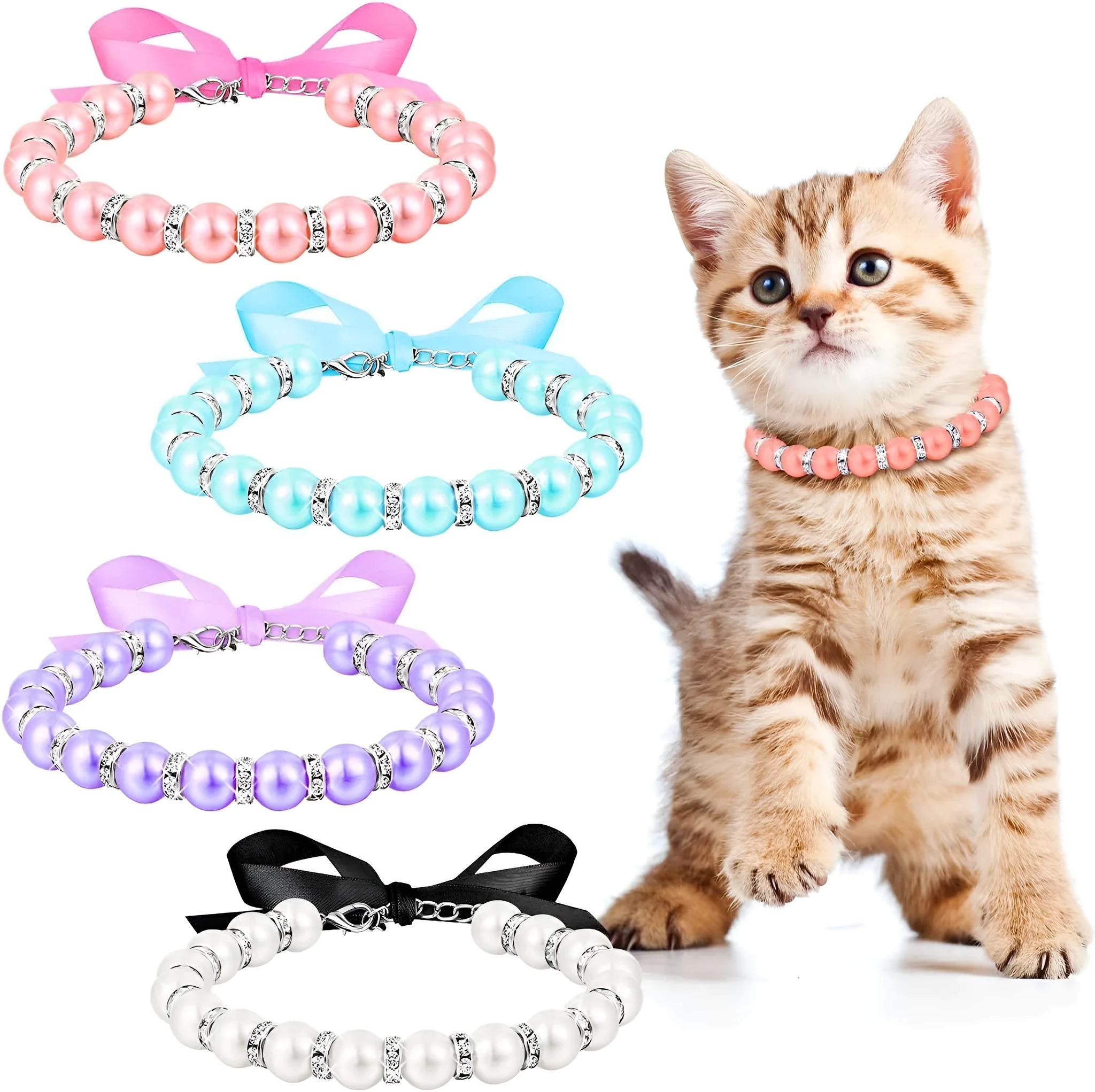 Small dog wearing a blue adjustable pearl and rhinestone necklace with a ribbon bow