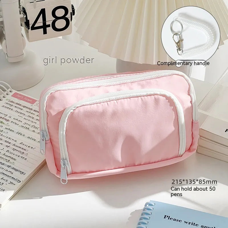 Double layer pencil case in solid colour with gift handle, dimensions 215mm x 135mm x 85mm