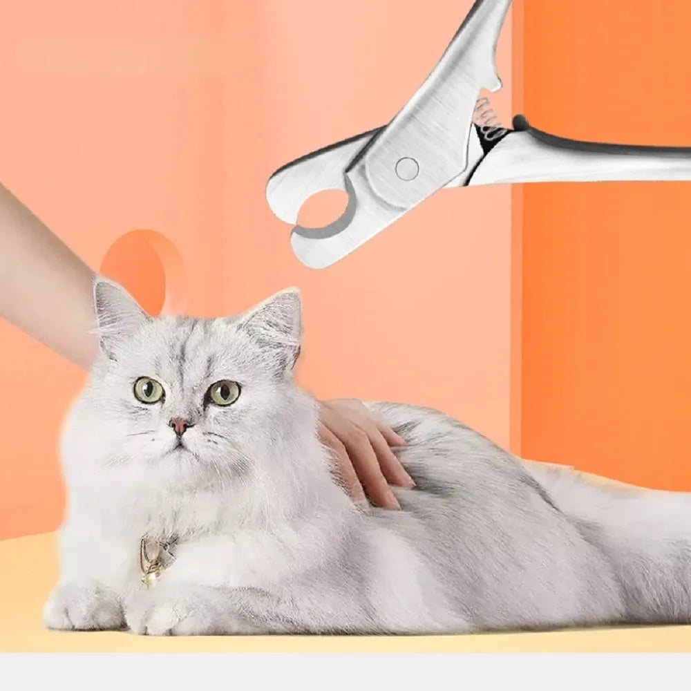 Silver professional stainless steel pet nail clipper with a safety guard for dogs and cats.