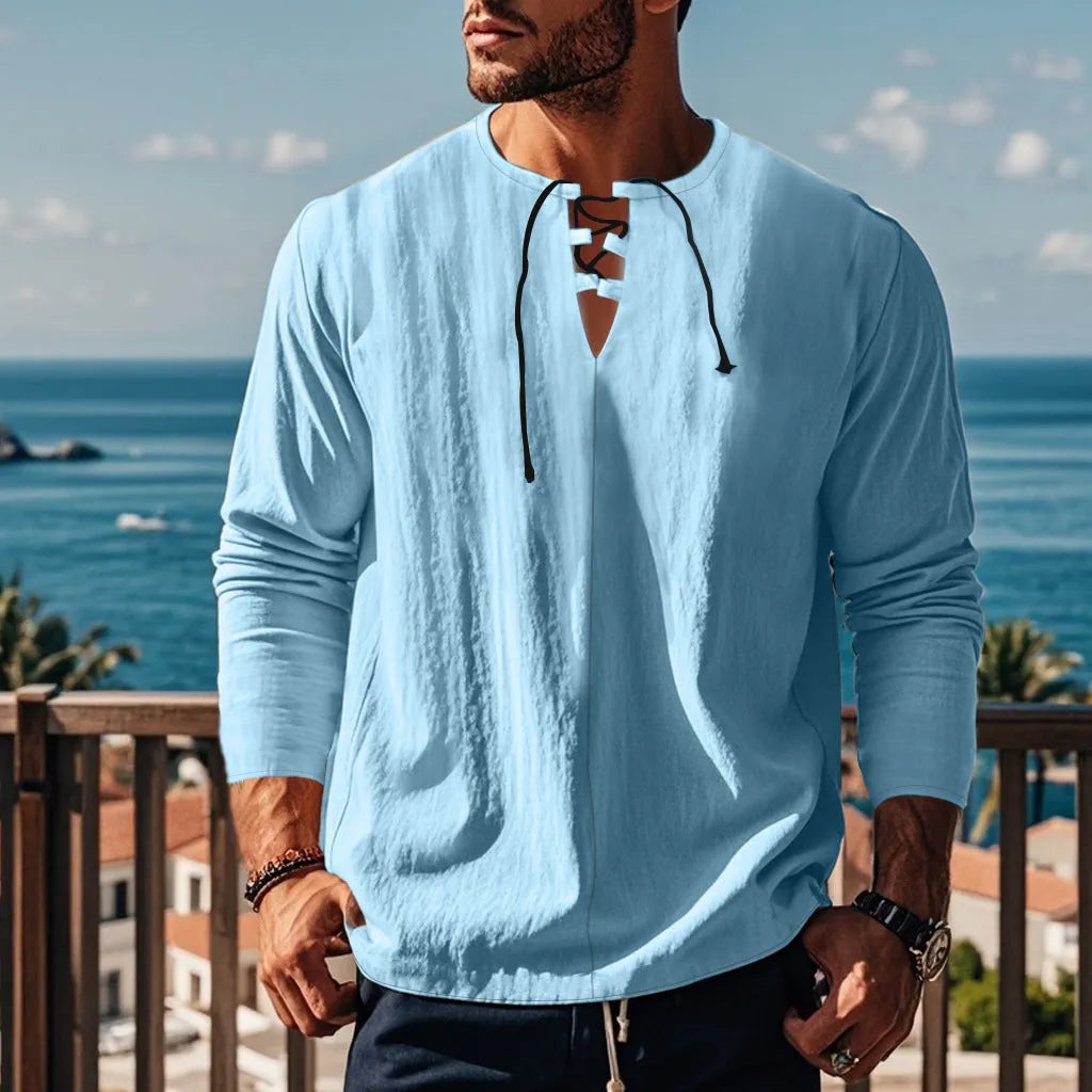 Cotton linen beach ruff shirt in solid colour with loose pullover design