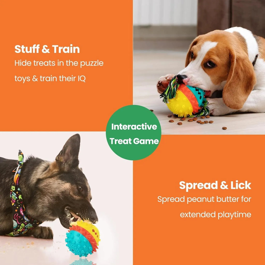 Blue and red squeaky dog toy with treat dispenser and textured surface for aggressive chewers