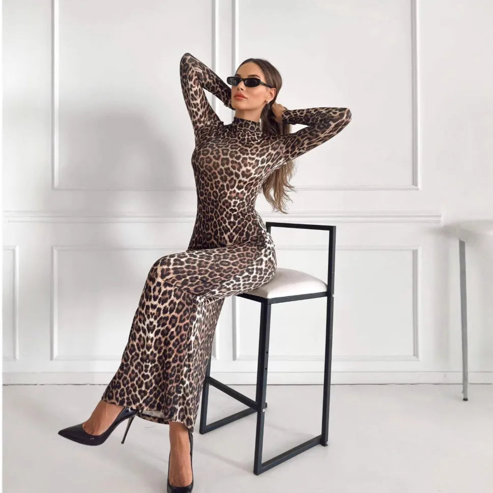 Women's leopard print long sleeve dress with stand collar and high waist hip skirt