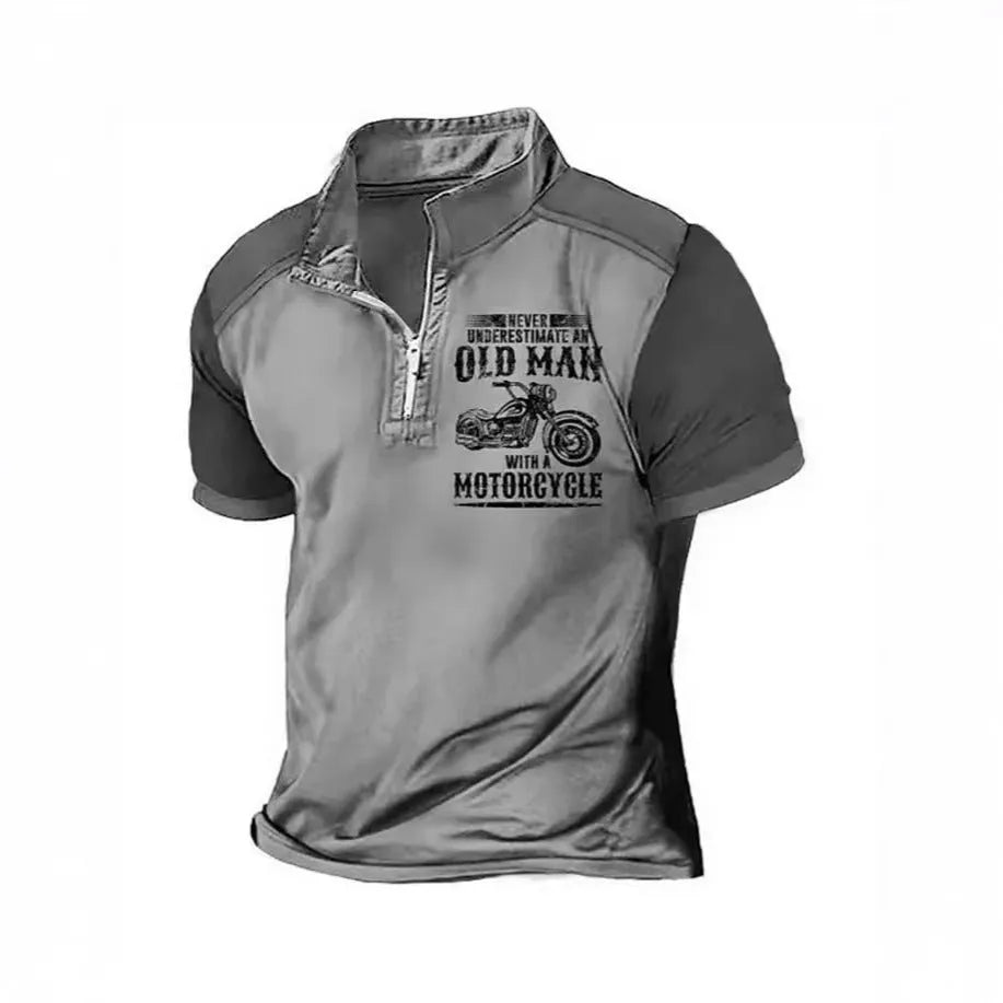 Men's short sleeve polo shirt with lapel collar, digital letter printing, and a zip decoration detail in a casual style.