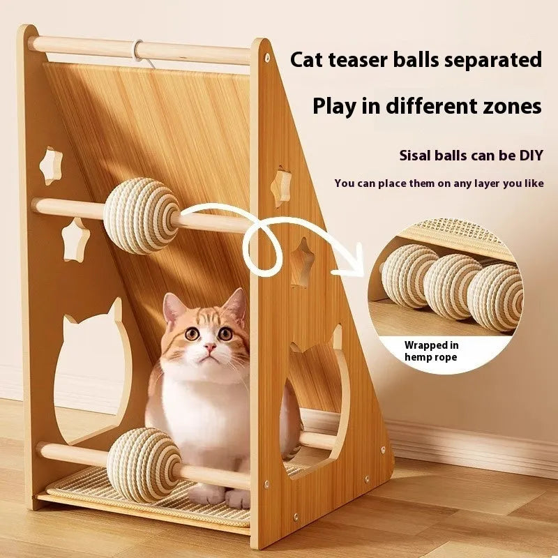Vertical cat scratch board with hemp rope and teasing ball design, wall-mounted scratching post set
