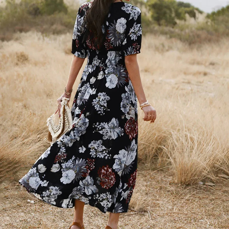 Floral print women's beach dress with V neck and elastic waist in yellow colour